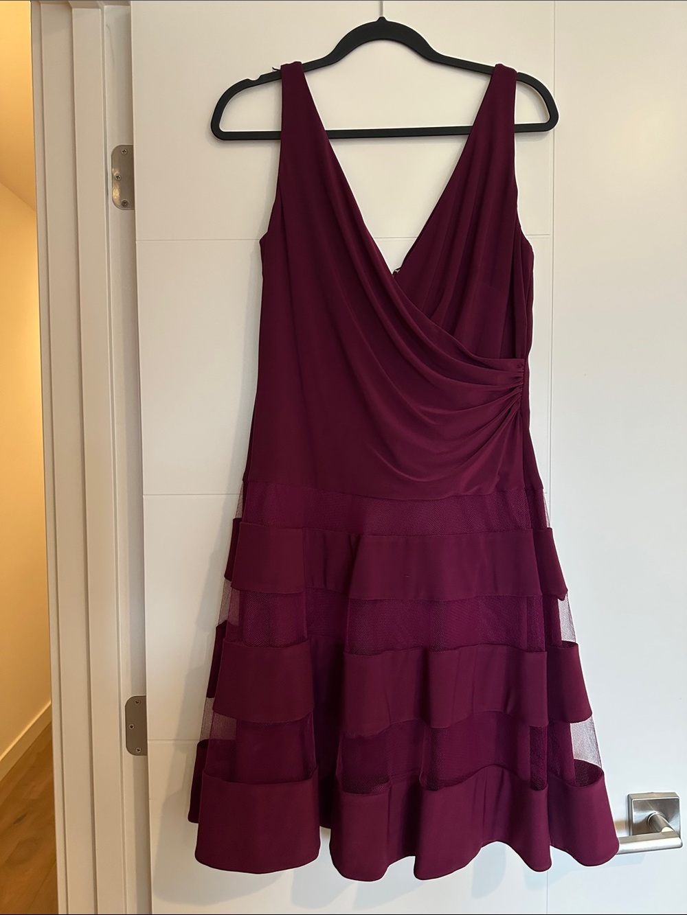 Lauren Ralph Lauren Wine Tiered Mesh Panel Cocktail Dress